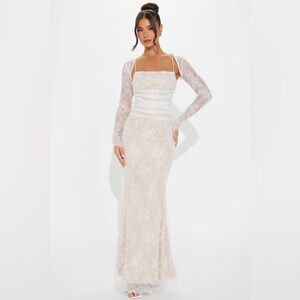 Fashion Nova White/Ivory Long Sleeve Laced up in Love Gown Set
